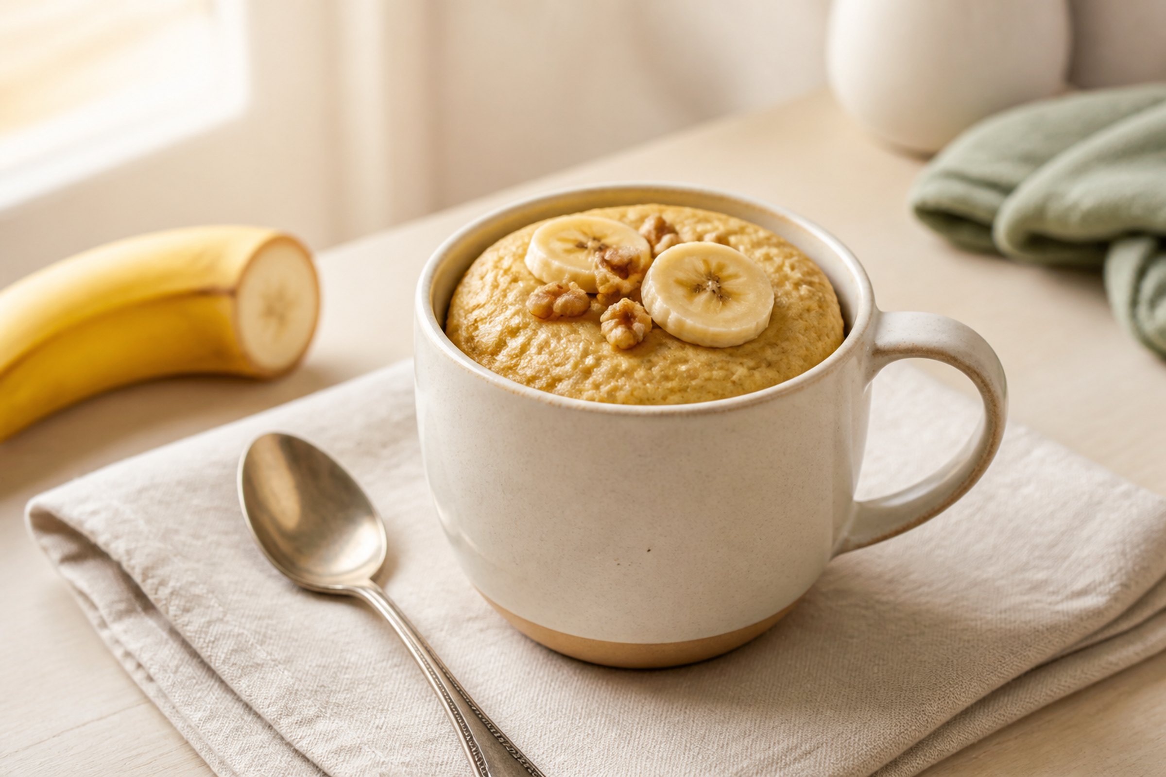 Banana mug cake in a cream ceramic mug topped with banana slices and walnuts