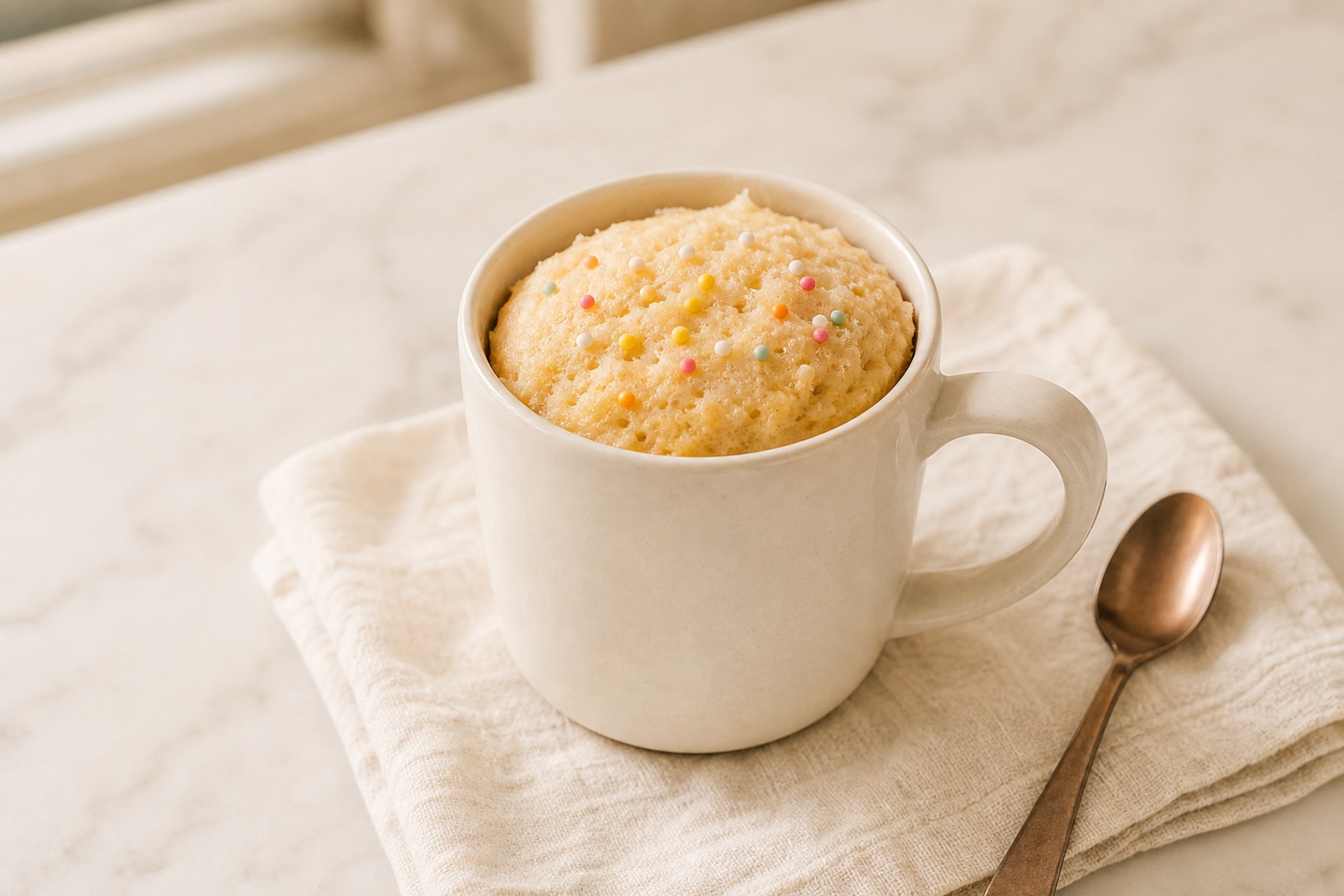 Vanilla cake mix mug cake with a soft golden crumb and a few sprinkles