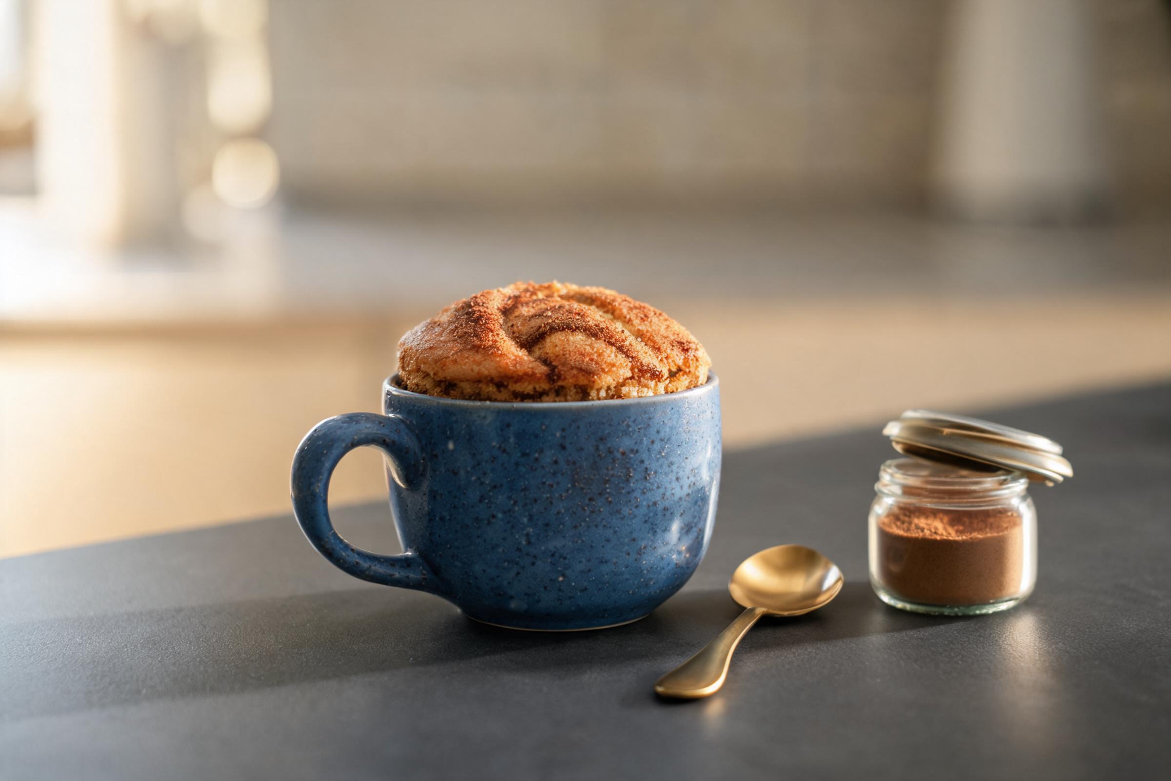 Cinnamon sugar mug cake with a golden top and cinnamon swirl