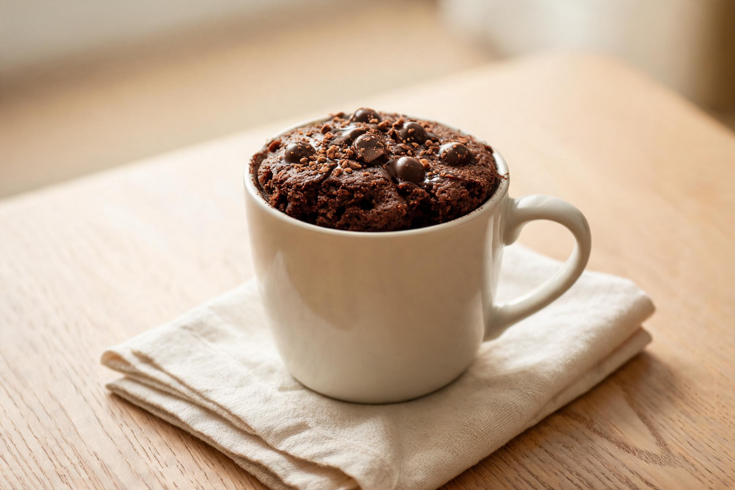 Classic chocolate mug cake in a cream ceramic mug with melted chocolate chips on top