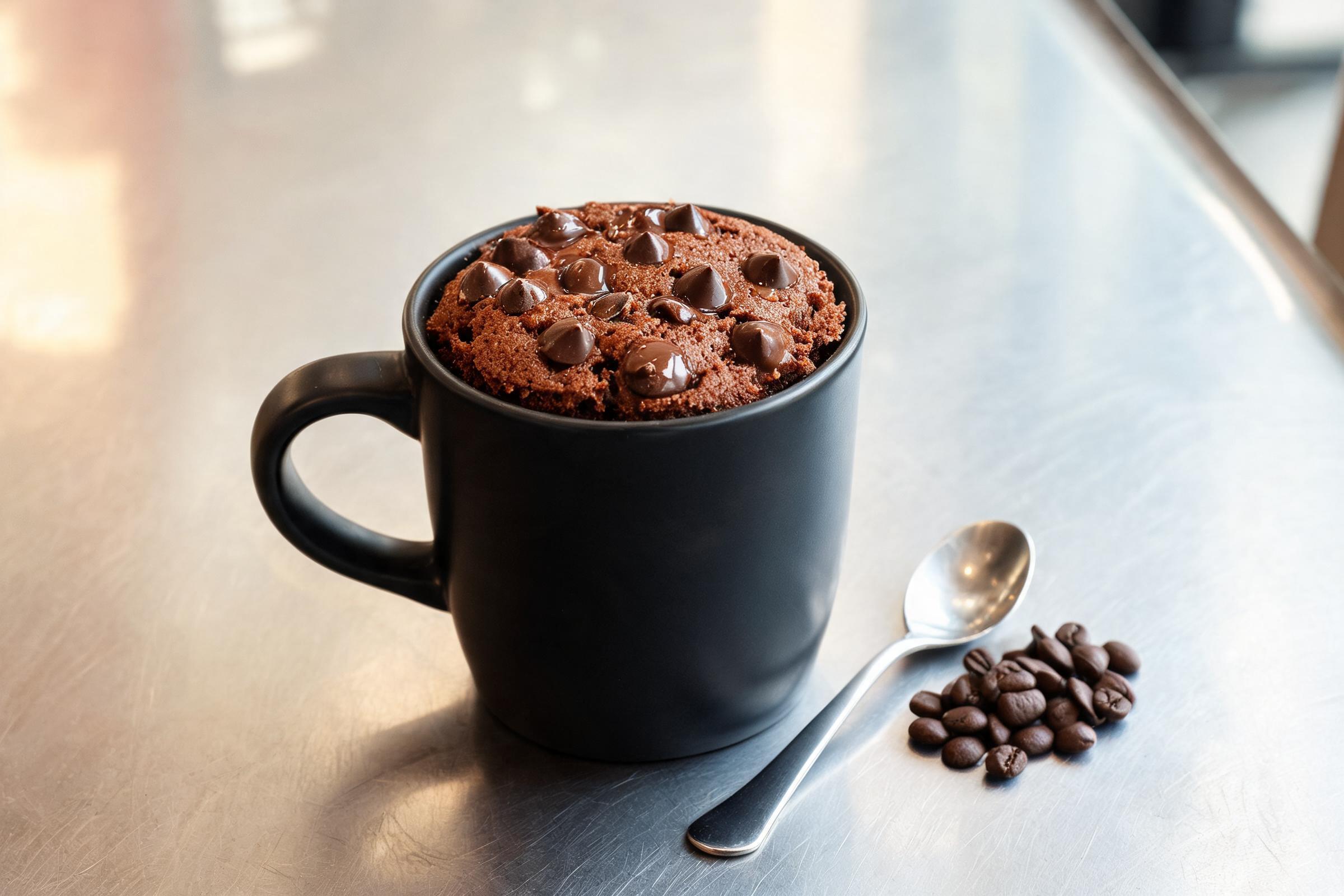 Dairy-free mocha chip mug cake with melted chocolate chips