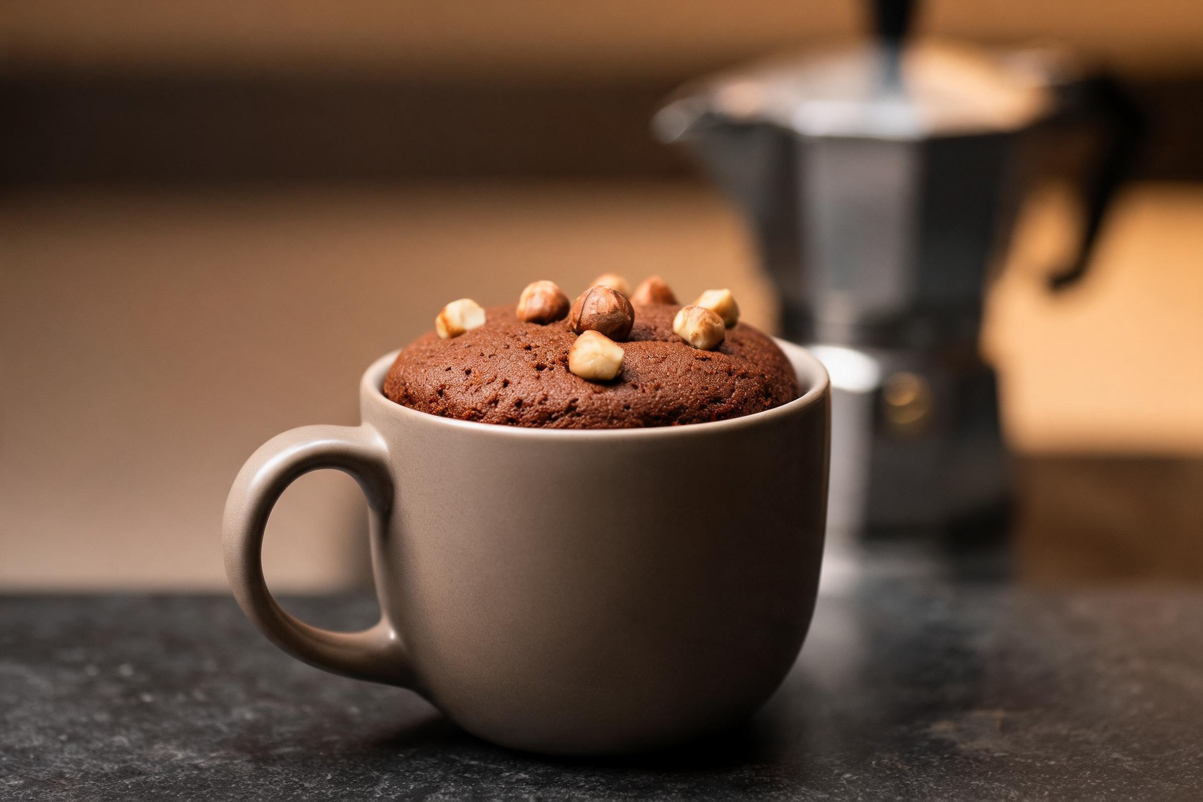 Gluten-free mocha hazelnut mug cake topped with toasted hazelnuts