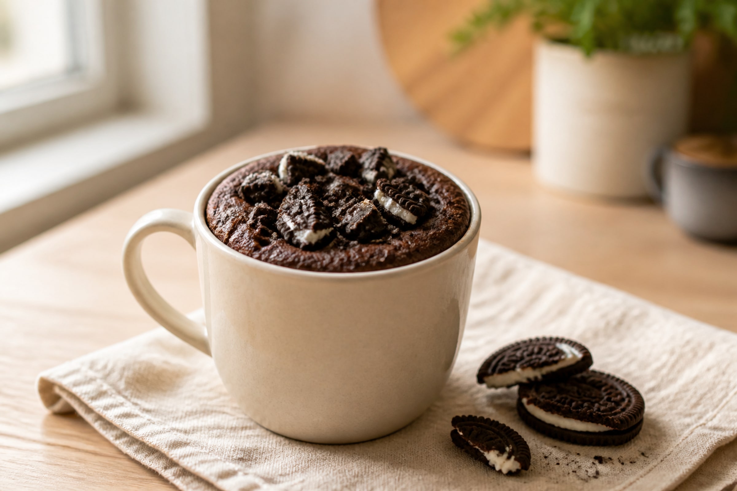 Oreo-style chocolate sandwich cookie mug cake with crushed cookie crumbs on top