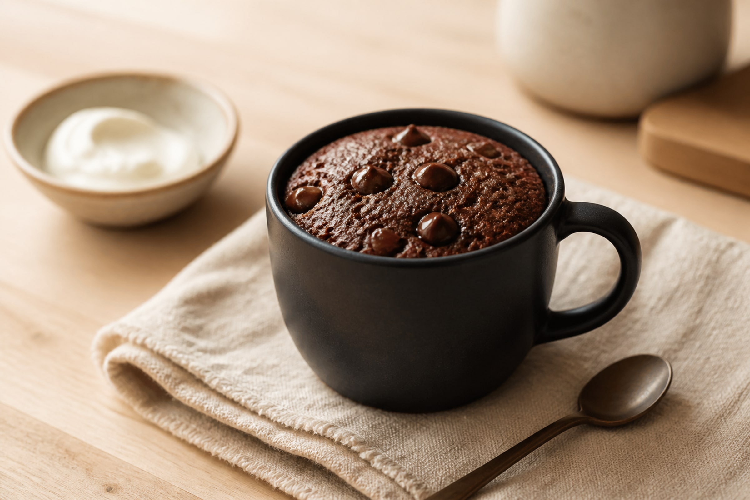 Chocolate protein mug cake in a dark ceramic mug with melted chocolate chips on top