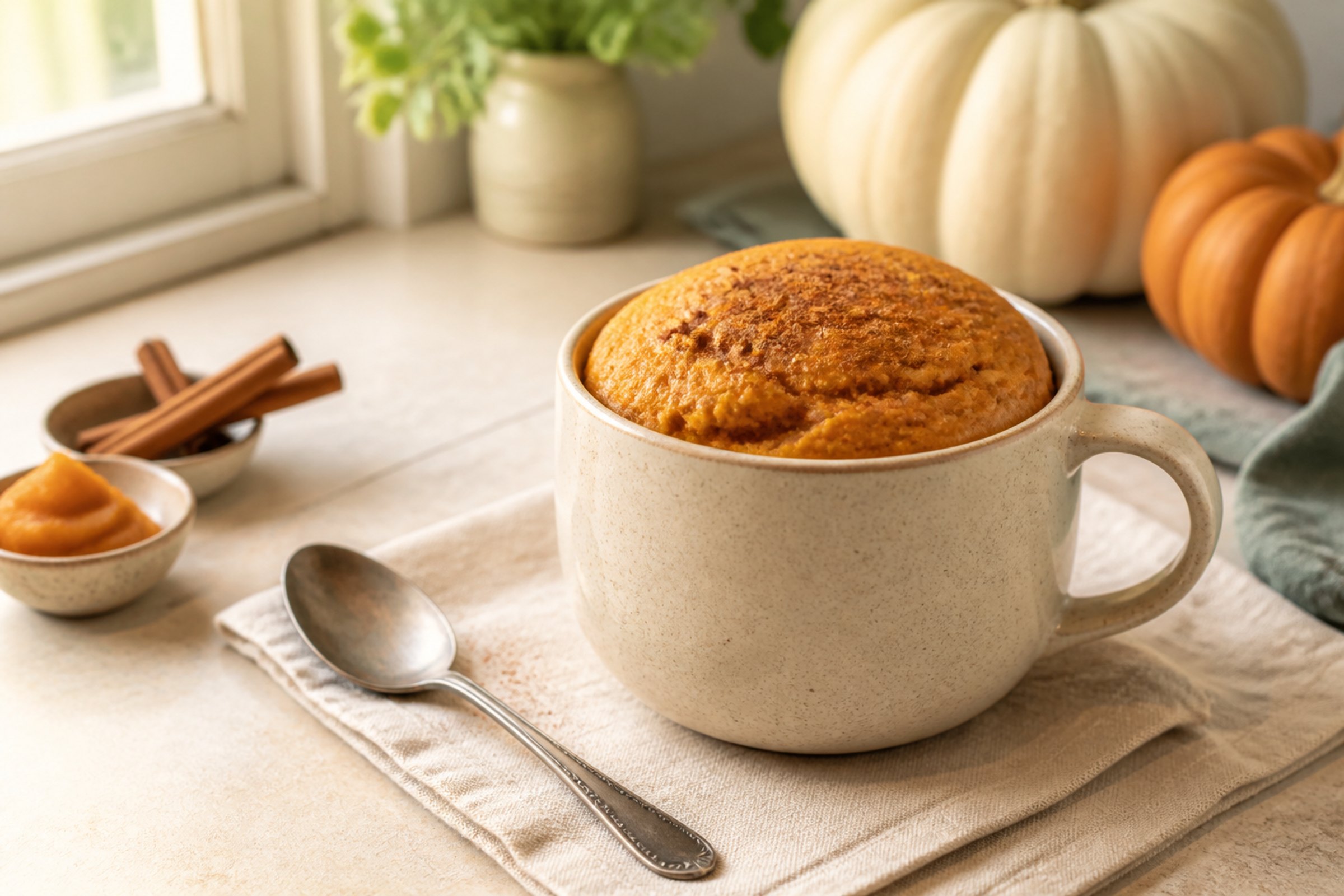 Pumpkin spice mug cake in a cream ceramic mug with cinnamon and pumpkin puree nearby