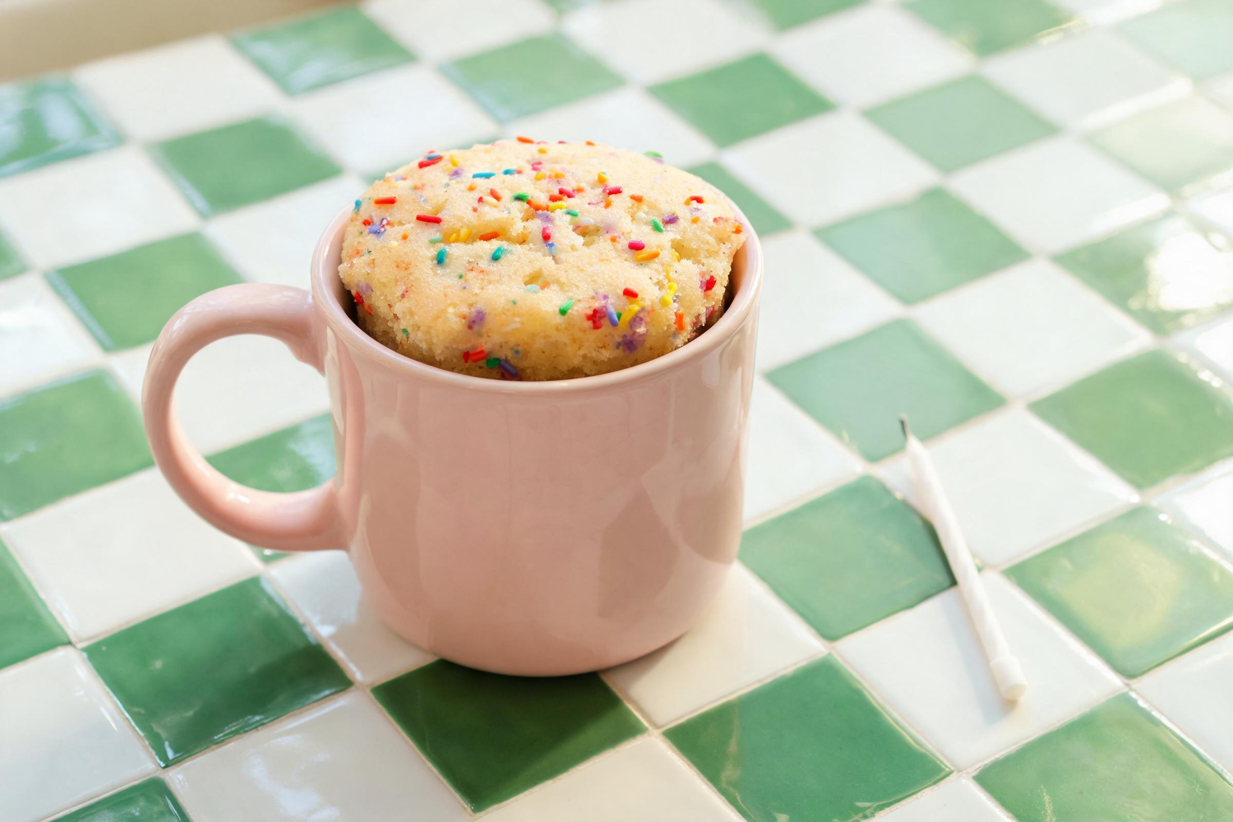 Vanilla funfetti mug cake with rainbow sprinkles in a white mug
